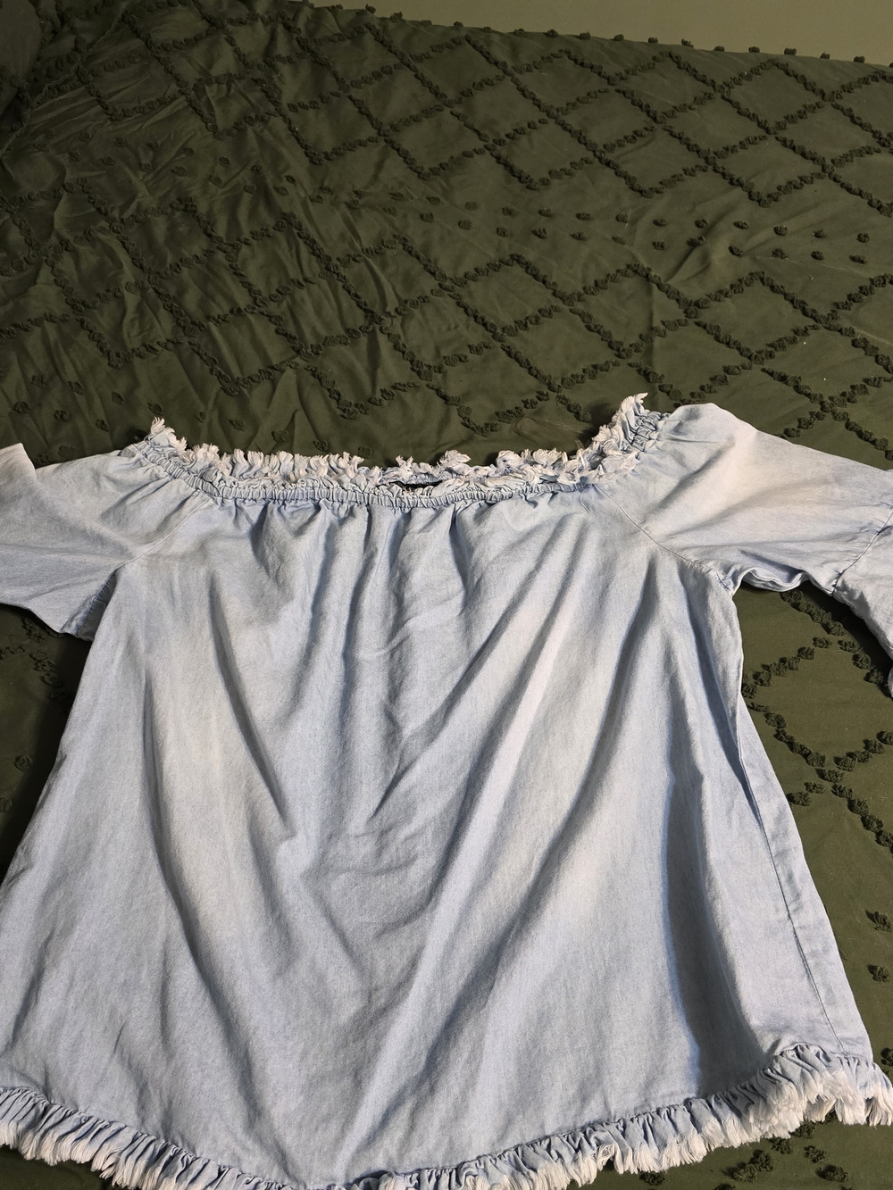 Boston Proper Light Blue Off-Shoulder Fringe Hem Tunic